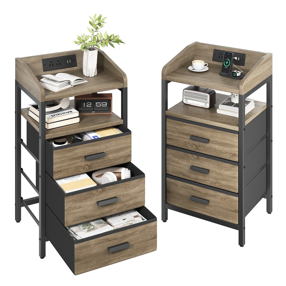 2 Pack Night Stand With Charging Station And Light Bedside End Table ༝