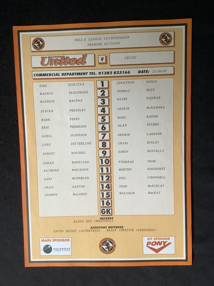 1997/8 Dundee Utd v Celtic September teamsheet