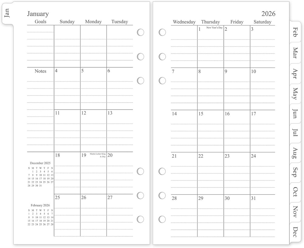 2026 Monthly Planner Refill, A6 Small Size Planner Inserts for 6 Ring,