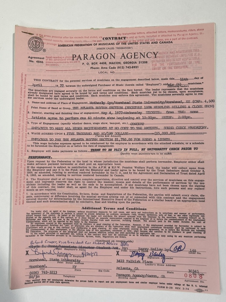 The Atlanta Rhythm Section Concert Contract 1977 Morehead KY