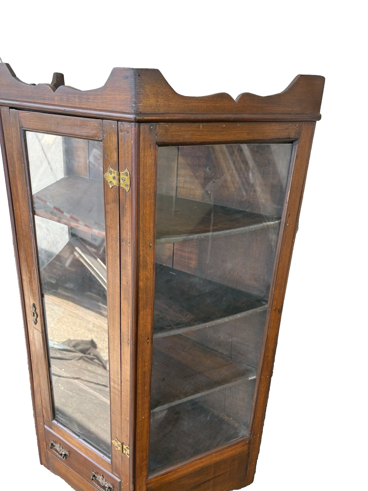 66800 Antique Victorian Walnut Whatnot Wall Curio Shelf with Drawer