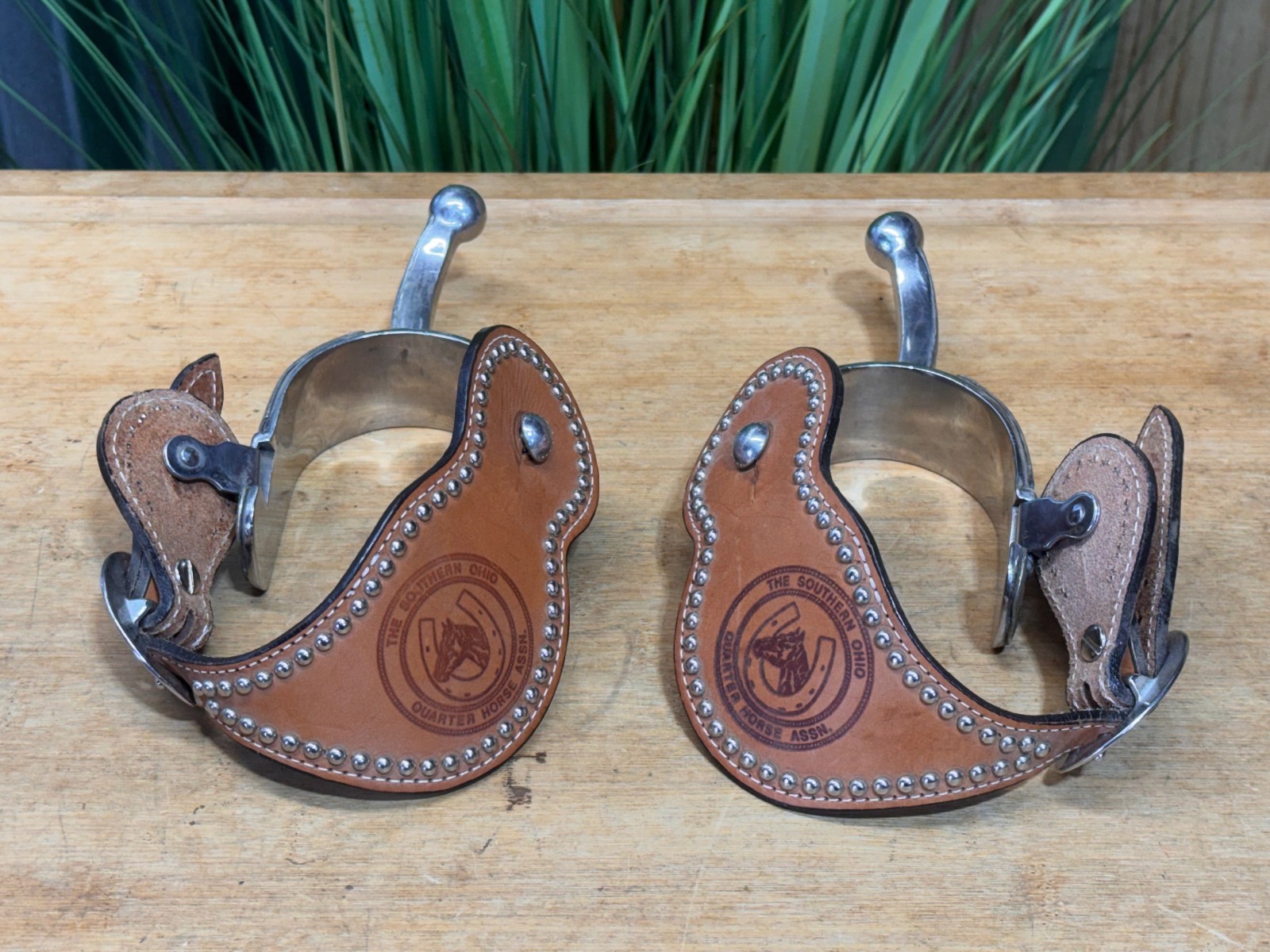 Silver Mounted Long Shank SS Western BALL END Spurs w Spotted Leather Straps