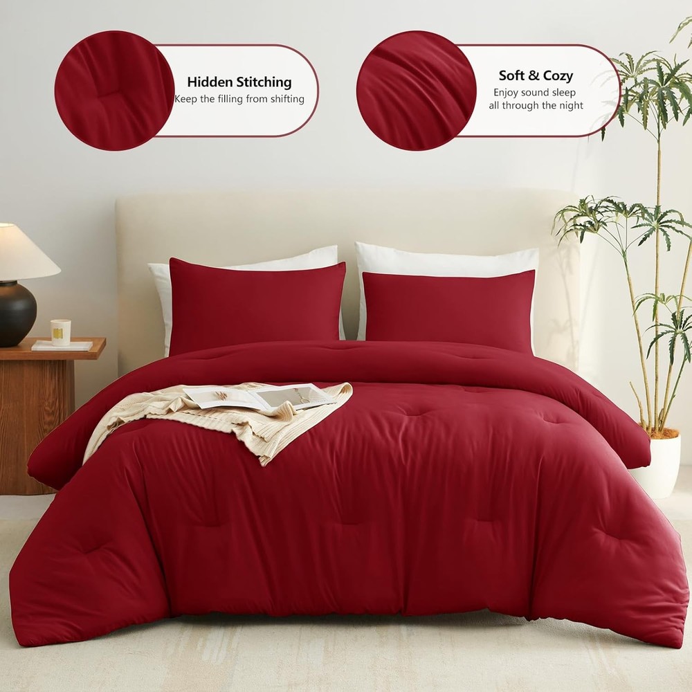 King Size Solid Comforter Set Dark Red 1 Comforter & 2 Pillowcases Quilted Soft