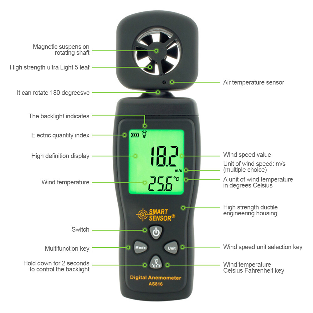AS816 Anemograph Air Flow Meter Anemometer Handheld Digital Wind Speed Tester