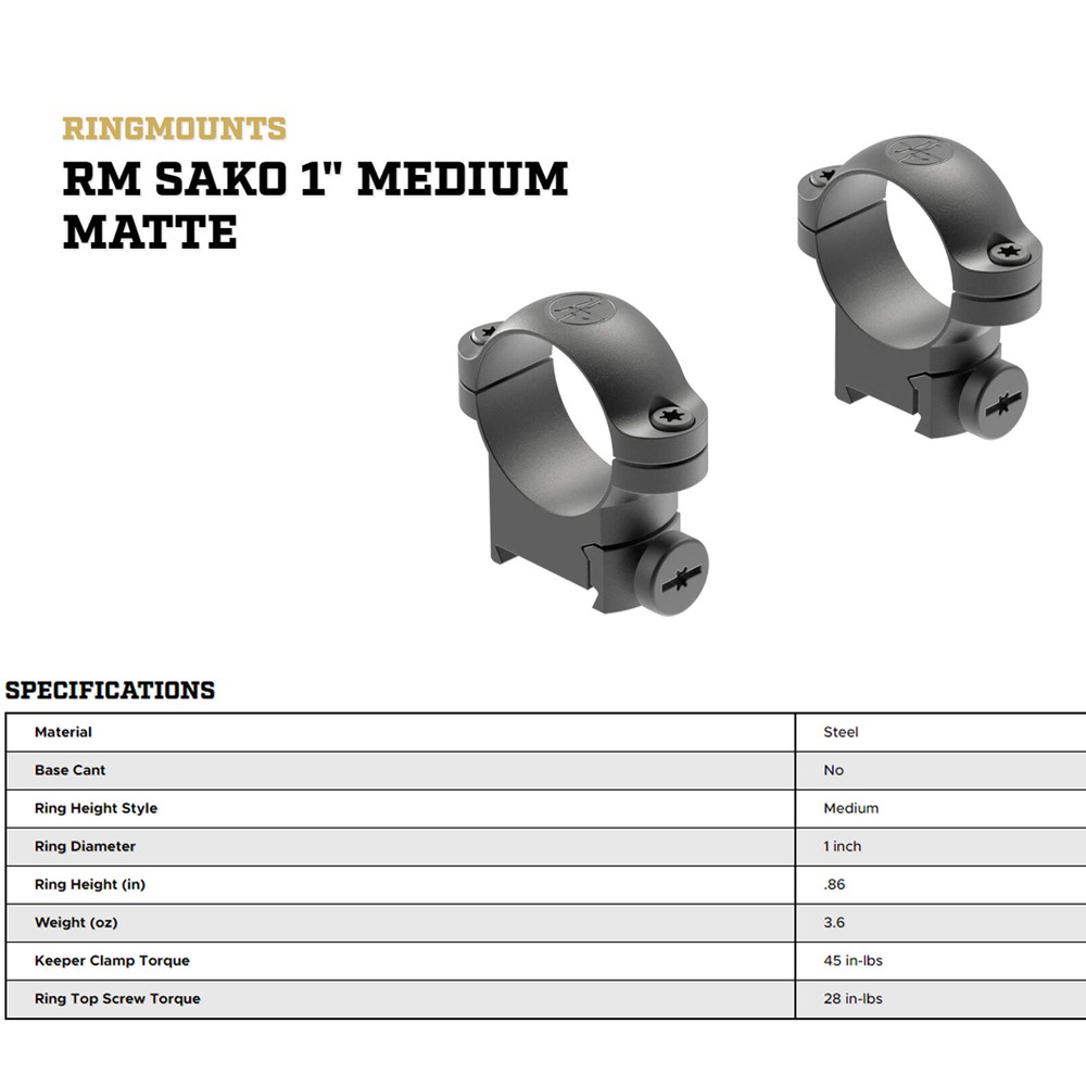 LEUPOLD RM (RingMount) Sako 1" Secure Durable Steel Medium Matte Mount Rings
