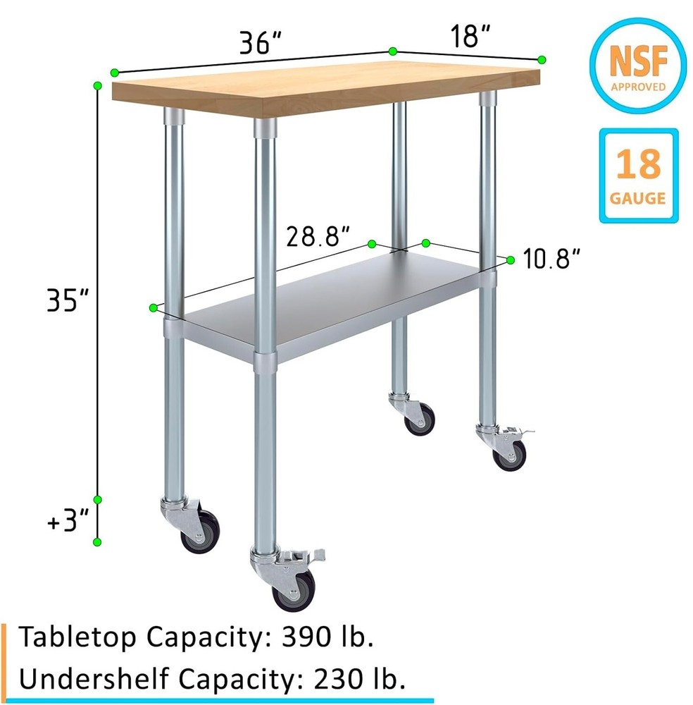 Heavy Duty Rolling Maple Wood Top Work Table with Wheels
