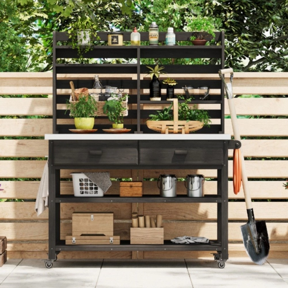 64.9"H Solid Wood Potting Bench Table w/ Lockable Wheels,Outdoor Kitchen Storage