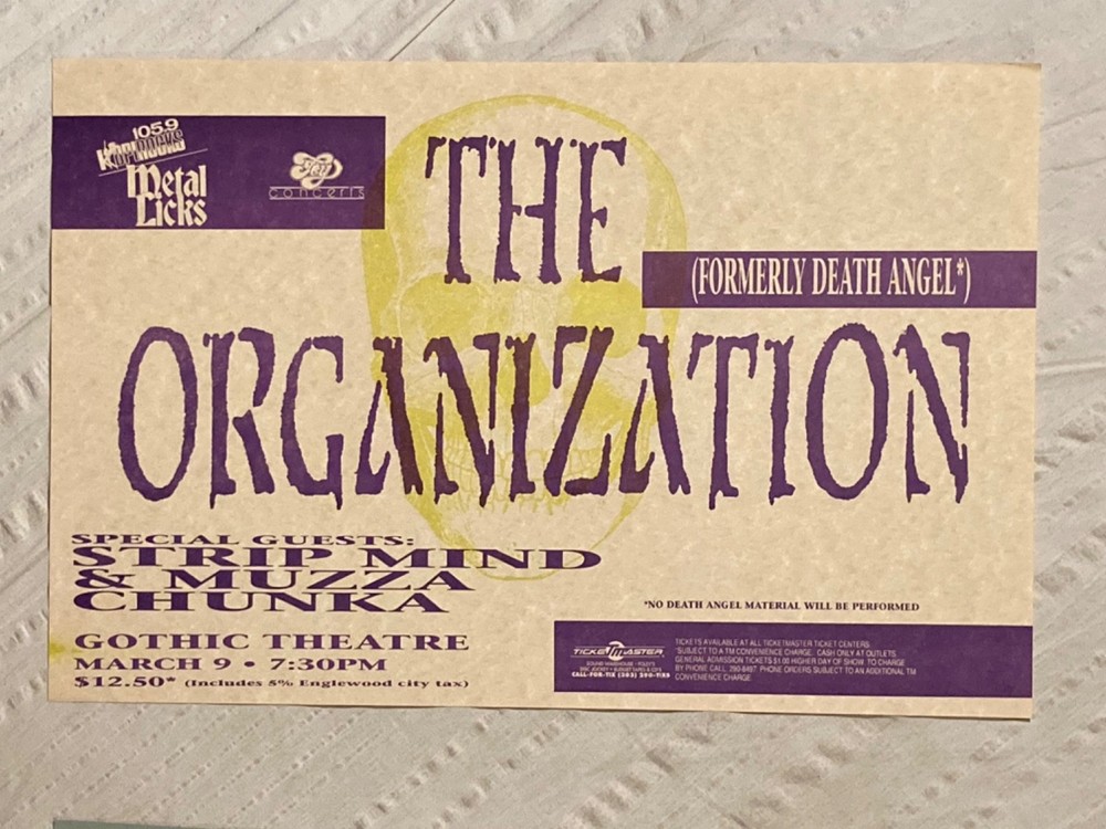 The Organization Death Angel 1990s Tour Poster Gothic Theatre Denver Colorado