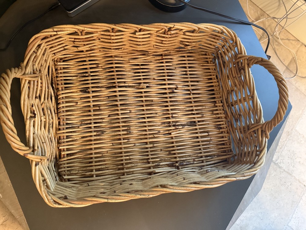 Large Rectangular Basket Wicker Rattan Tray with Handles 21x14x3.5"