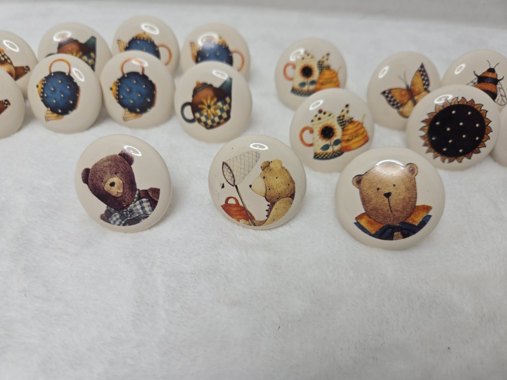 Set 18 Vintage 1 1/2" Round Porcelain Drawer Pull Knobs, bears, bee, kettle