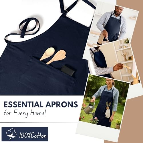 Kitchen Apron 2 Pack - 100% Cotton Adjustable, Durable Apron with Navy Blue