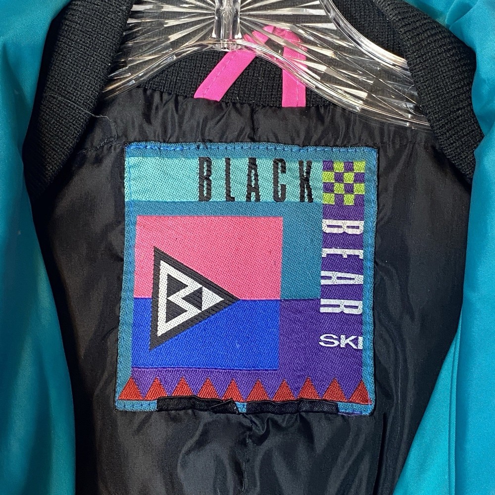 Vintage Black bear Ski Jacket Medium Down Black Turquoise Pink