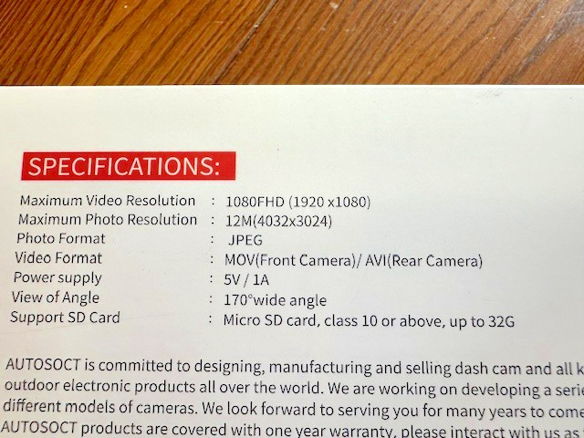 Auto Soct A40 Front and Rear Dash Camera Night Vision Loop Recording