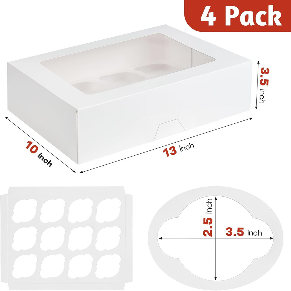 12 Count Cupcake Boxes, 4 Pack Auto-Popup White Cupcake Containers with Window a