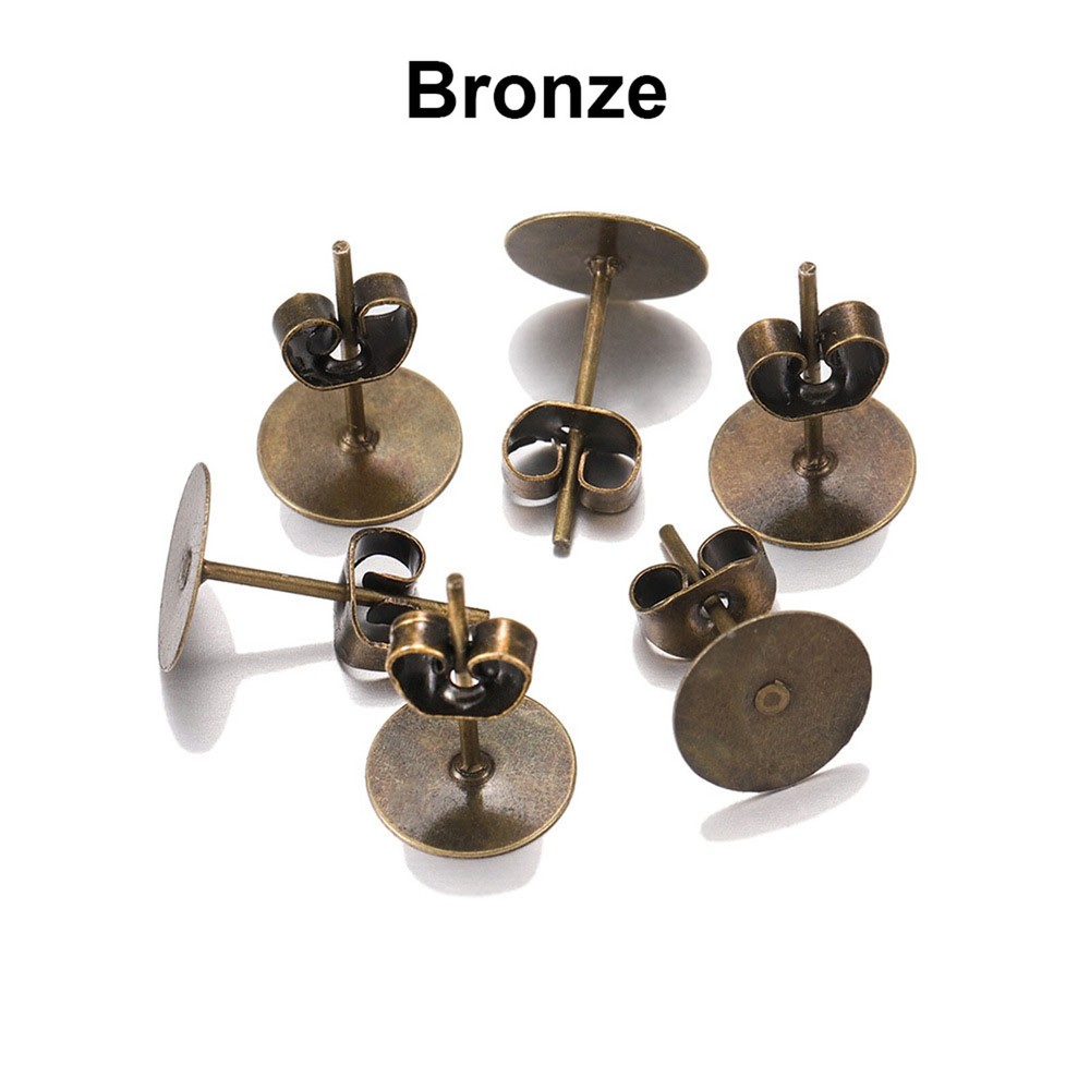 200 Pcs Bronze 8mm Flat Blank Pad Earring Ear Post Stud with Stopper Finding