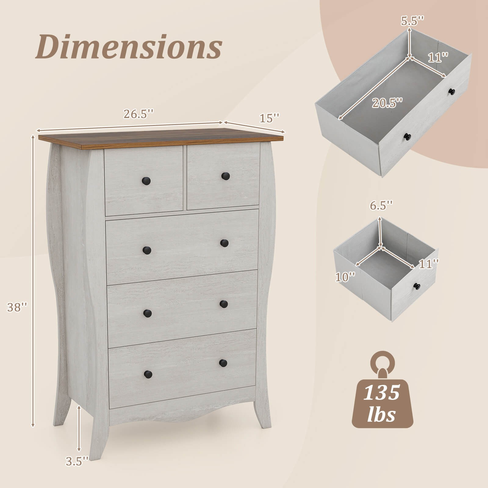 38" Farmhouse Chest of Drawers with 5 Folding Fabric Drawers & Anti-tipping Kit