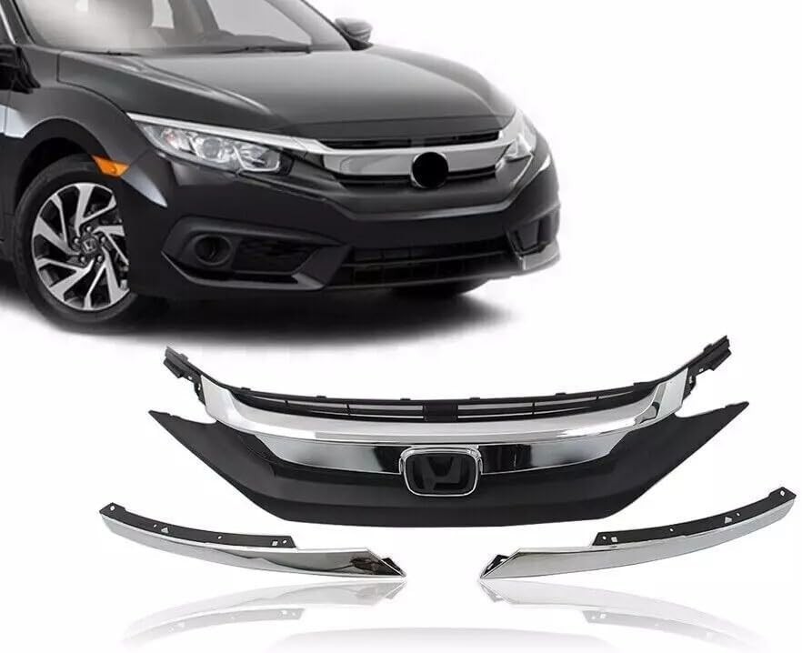 Front Bumper Grille Upper Grill With Chrome Headlight Eyelid Molding Trim Fit...
