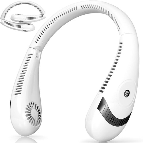 Foldable LED Display Neck Fan - 5000mAh Portable Bladeless Medium, White