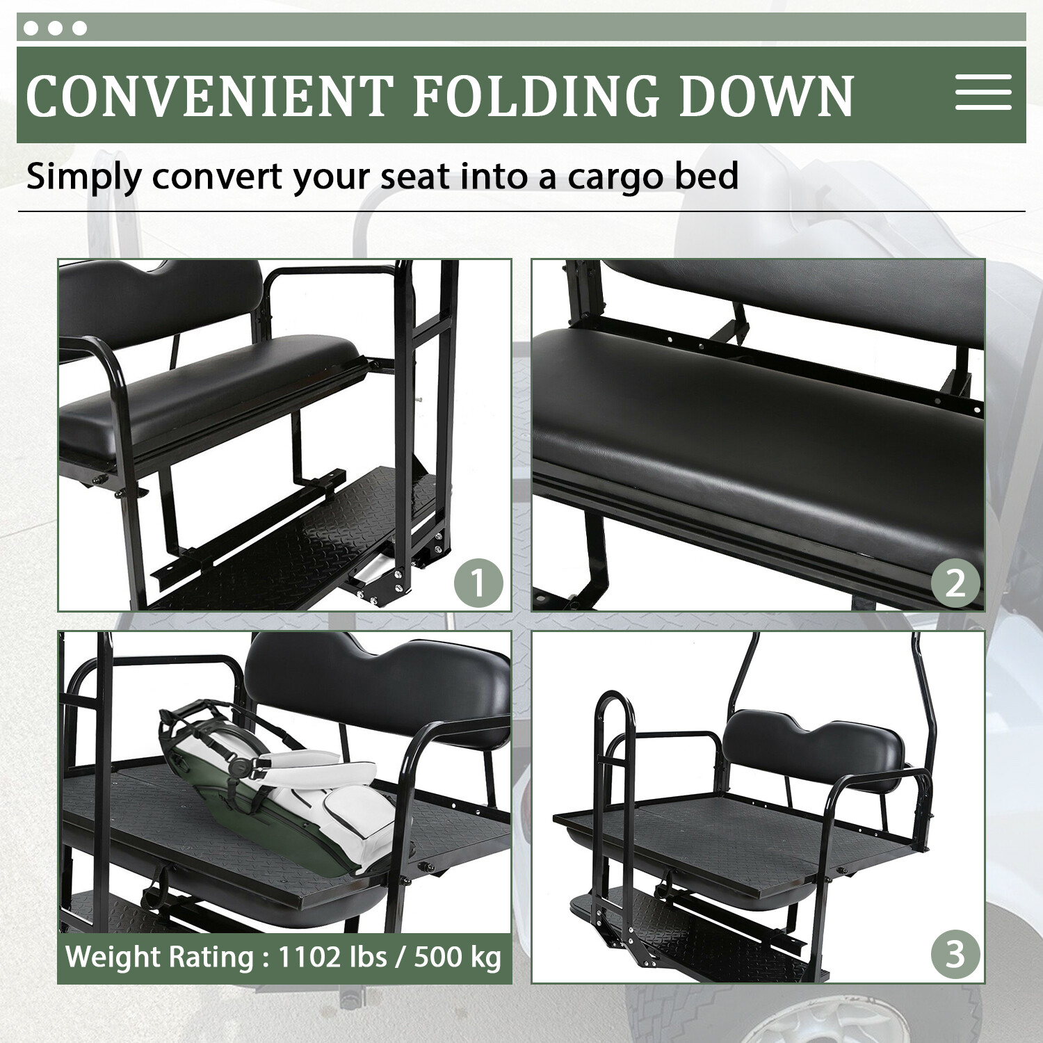 Black Folding Rear Flip Seat Kit w/Grab Bar for Golf Cart Club Car DS 2000-2013