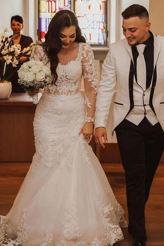 Mermaid Wedding Dresses Long Sleeves Church Tulle Lace Classic Bridal Gowns