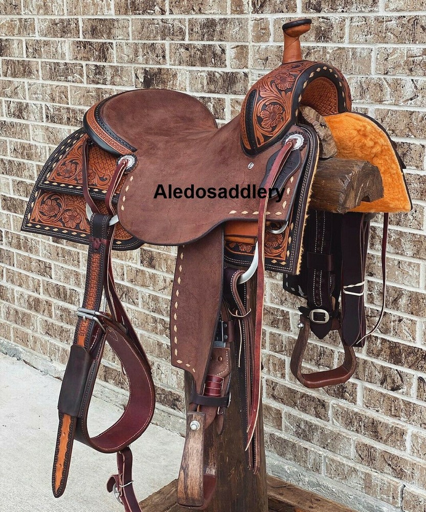 Western Brown Leather Roper Ranch Saddle with Leather Strings 46