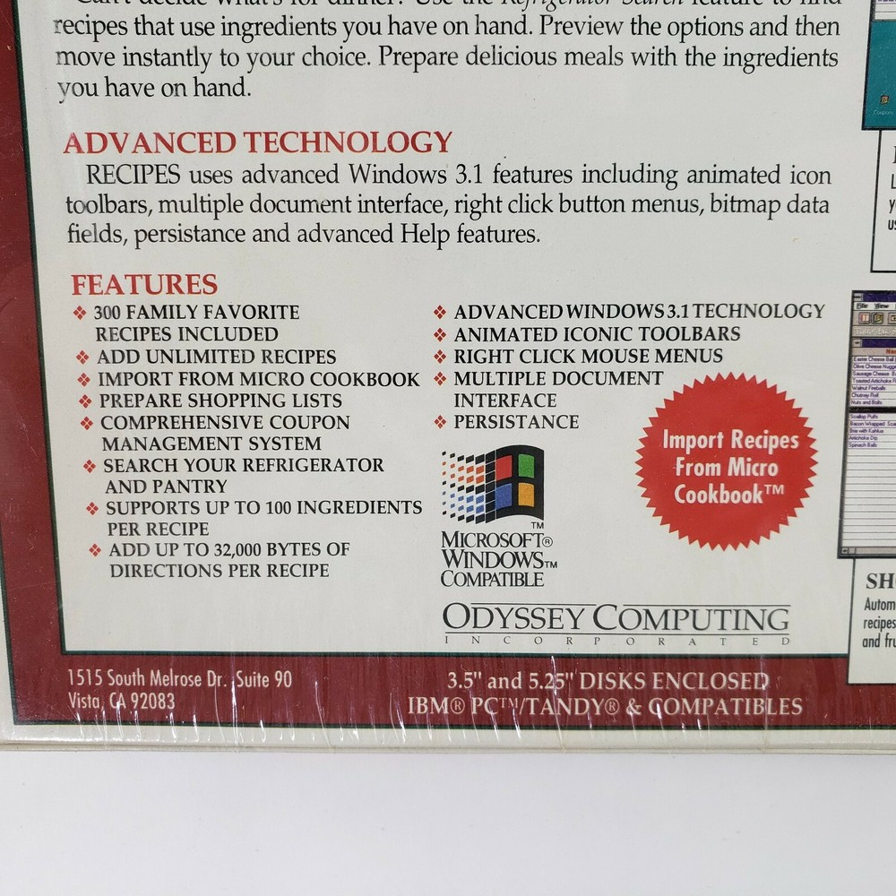 VTG 90's Software Recipes for Windows Odyssey Computing Inc 3.5/5.25 Disk SEALED