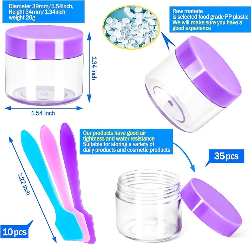 "35 PCS 20G Empty Plastic Containers with Colored Lids Small Makeup Sample "