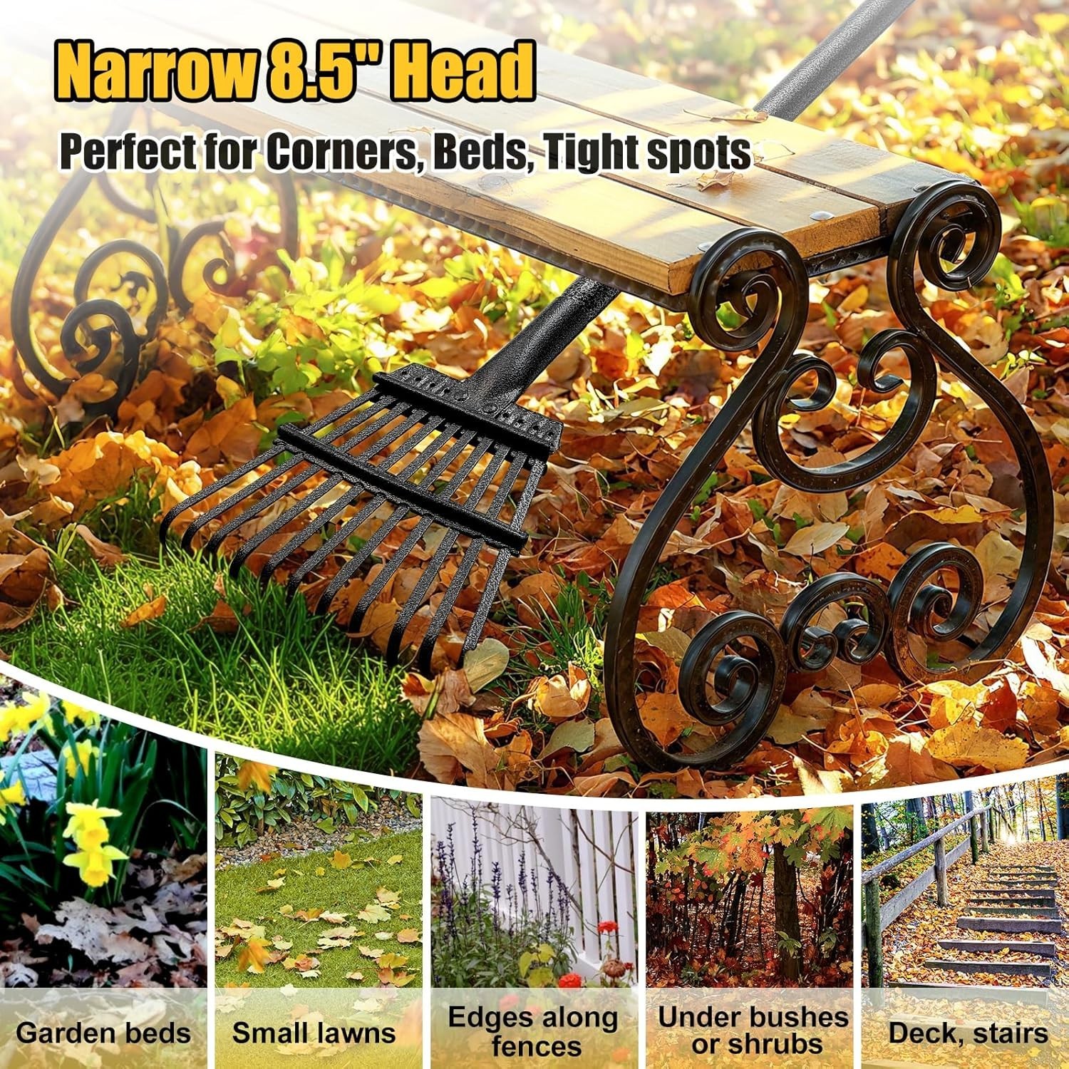 Heavy Duty Garden Leaf Rake 8.5" Wide Extendable Handle Compact Steel