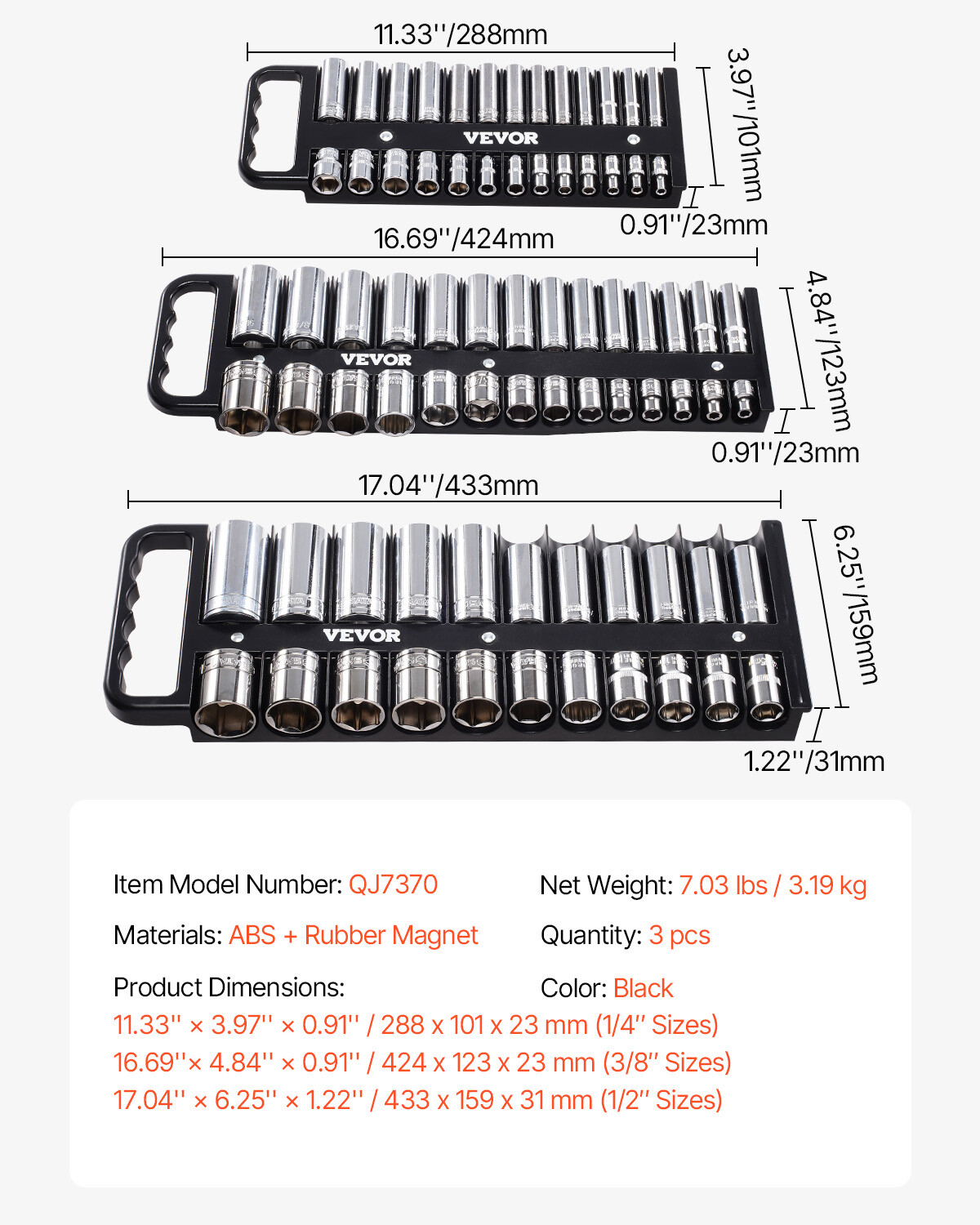 Portable Socket Organizer Set 3PCS 76-Clip Magnetic Socket Tray Metric/SAE