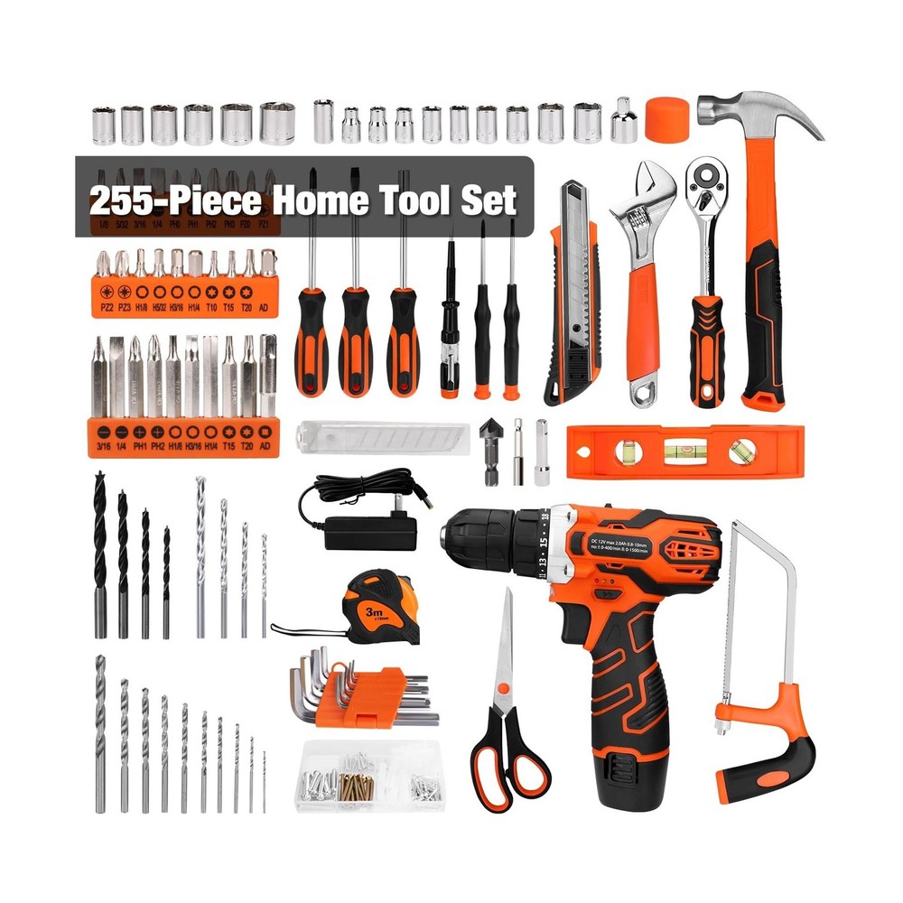 255-Piece Tool Set - Tool Kit with 12V Cordless Drill Driver, Toolbox Storage...