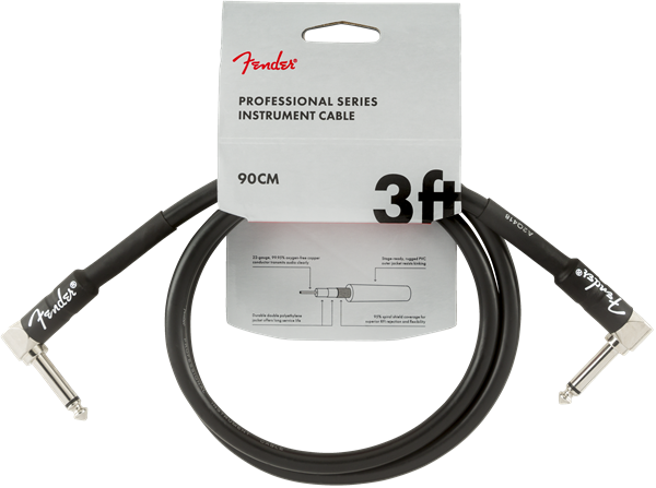 Fender Professional Series Black Guitar/Instrument Cable, Right-Angle, 3' ft