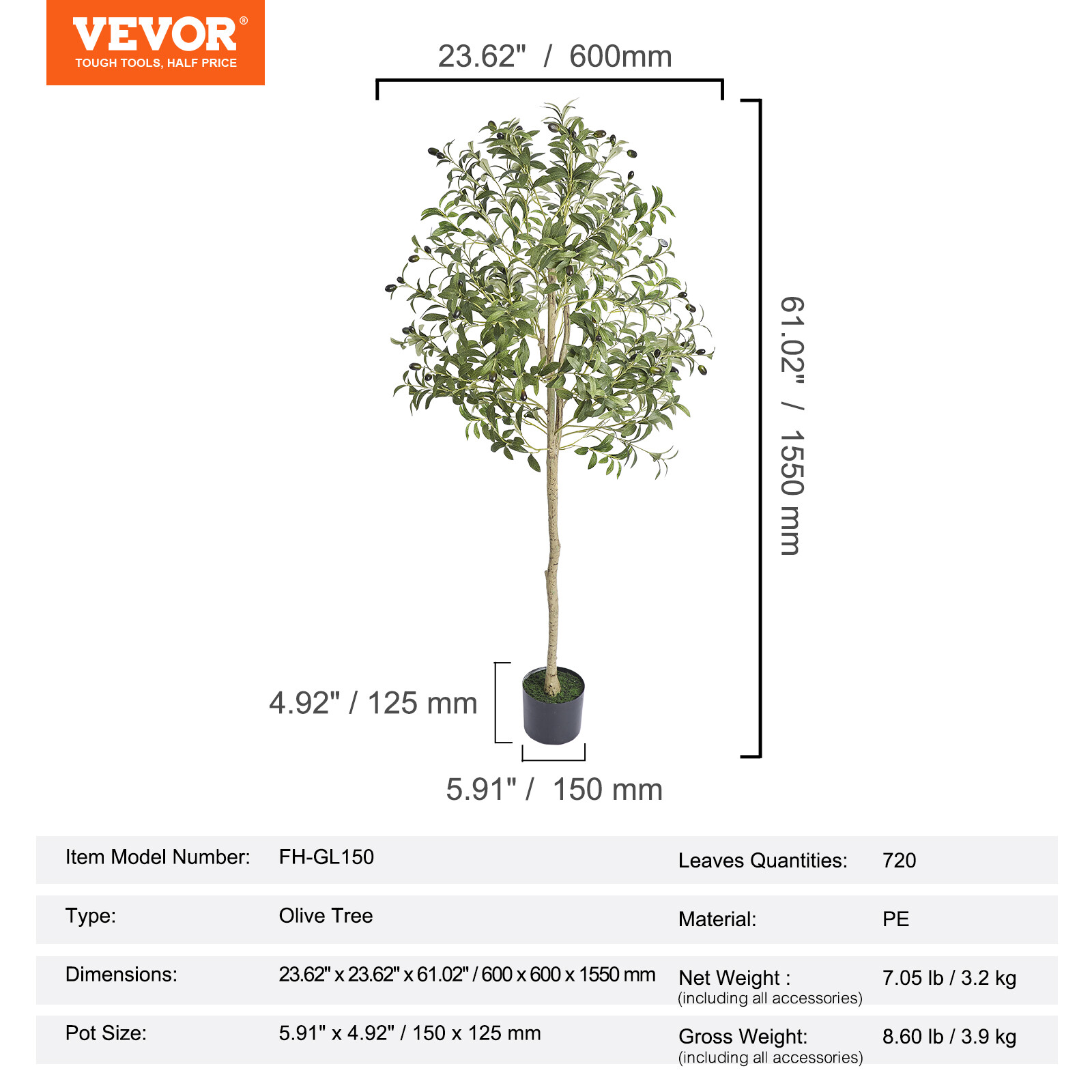 VEVOR Artificial Olive Tree 5ft Tall 61in Fake Pottd Faux Silk Plant Home Decor