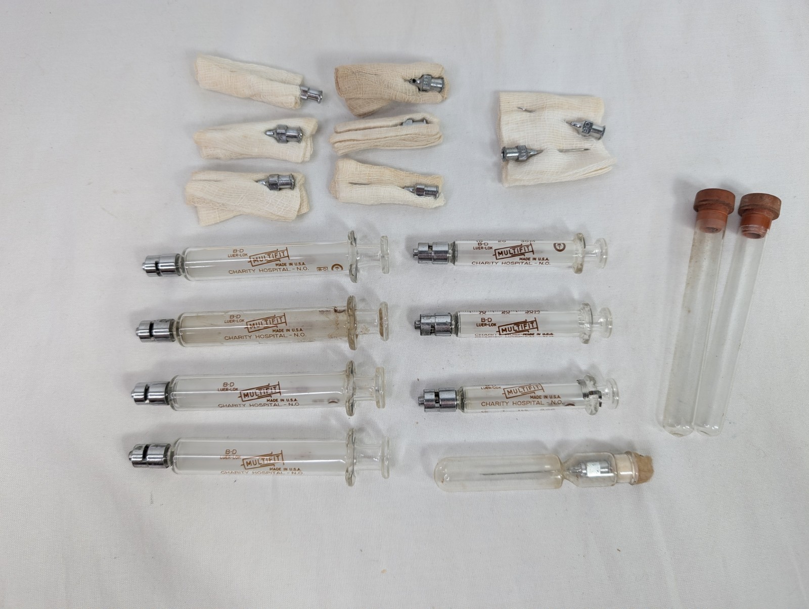 Lot of 7 B-D Luer Lock Multi Fit Glass Hypodermic Syringes NEW ORLEANS HOSPITAL