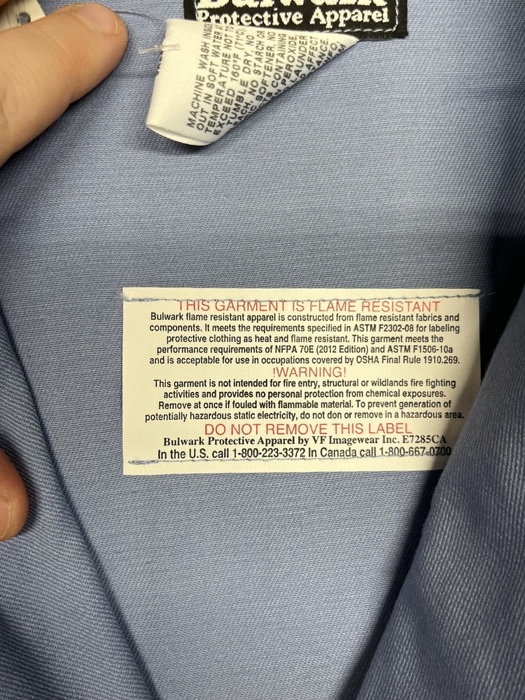 Bulwark FR Lab Coat Small Regular Light Blue KEL2 100% Cotton Fire Resistant