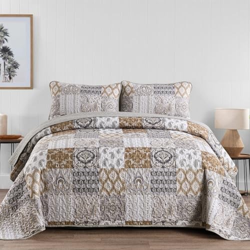 Boho Quilt Set Size Patchwork Plaid Bedspread Bedding Sets Paisley Queen Blue