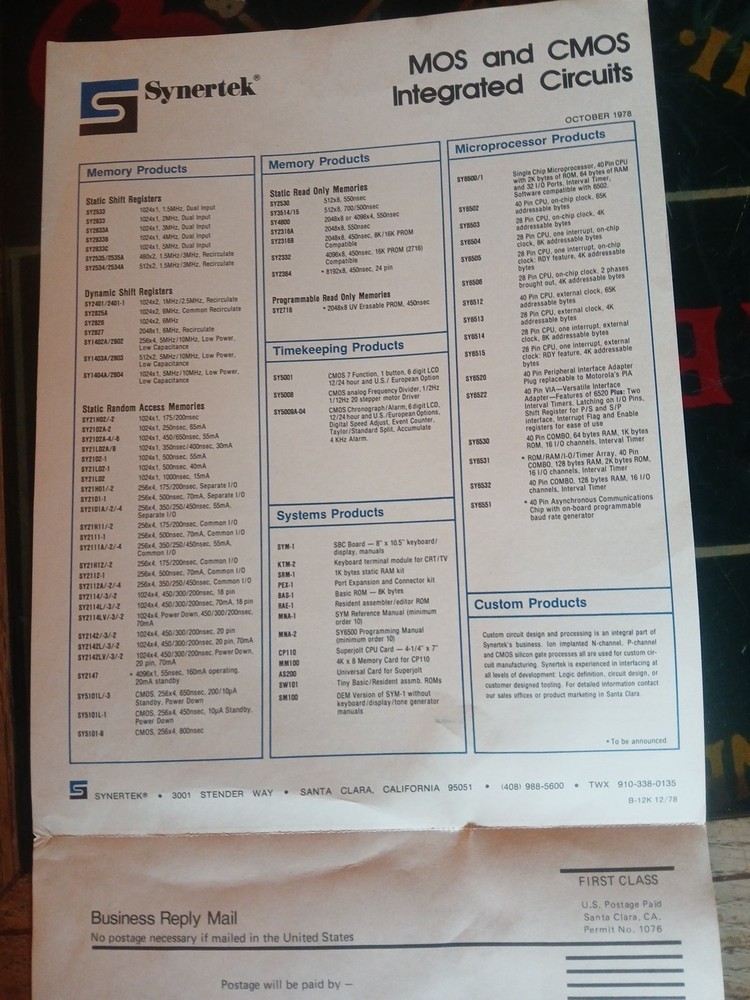 Vintage Synertek Brochure 1978