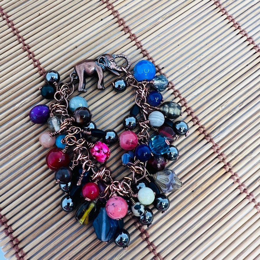 Gemstone Bead Copper Tone Elephant Closure Dangle Bracelet Boho MultiColor