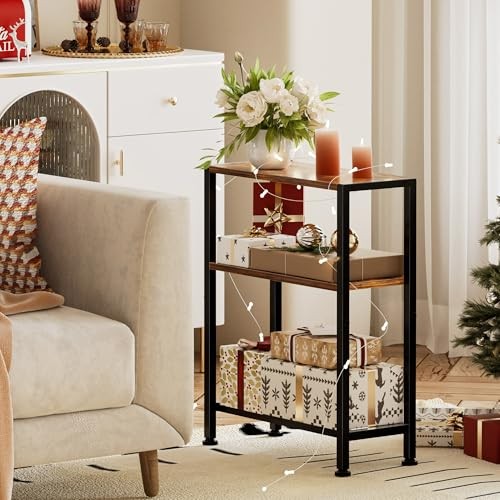Narrow Side Table for Small Space, 2-Tier Small End Table 1 Rustic Brown-3tier