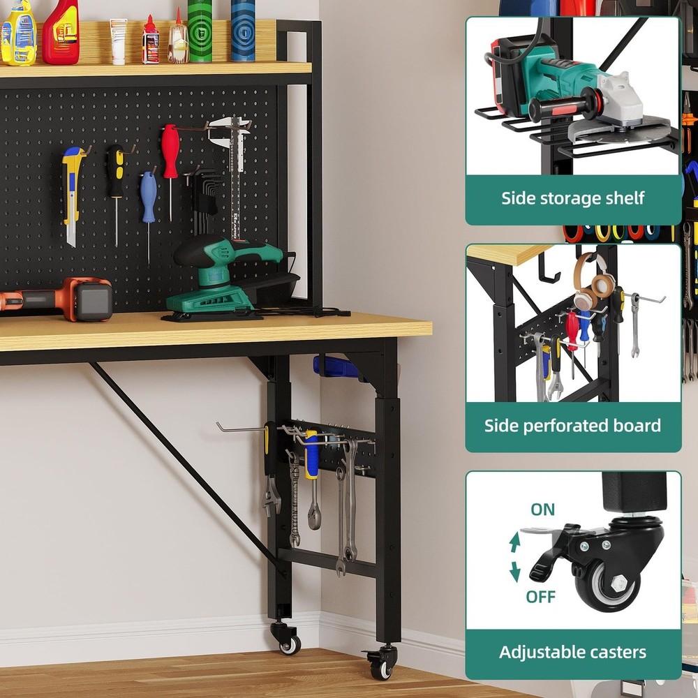 Rolling Workbench Adjustable Garage Table with Pegboard