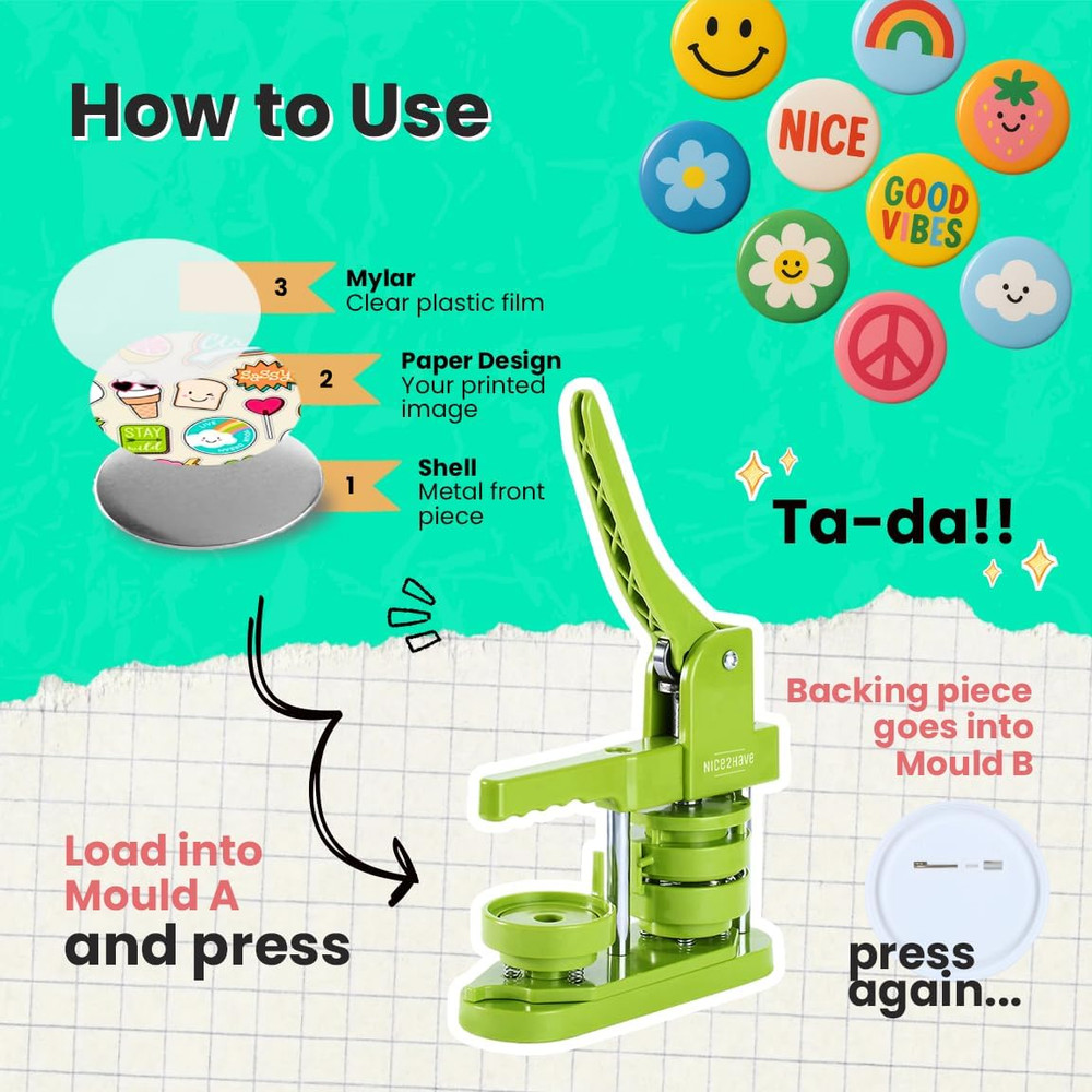Button Maker Machine – 2.25 Inch (58Mm) – Single Mold, Pin Maker Machine Kit wit