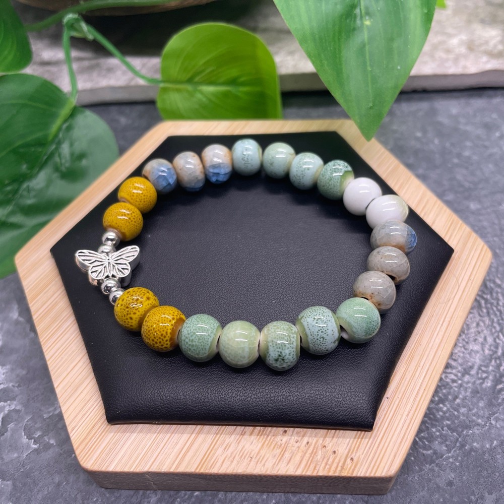 Handmade Ceramic Bead Beaded Stackable 6.25” Plus Stretch Bracelet New B524
