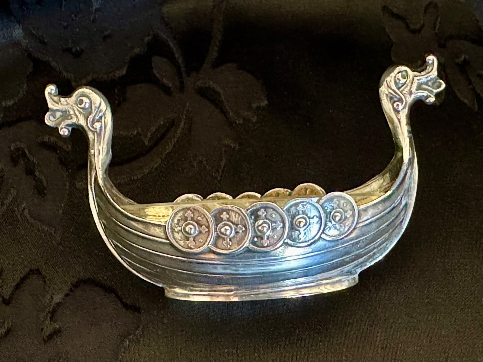 Vintage 925S Sterling Silver Viking Ship Salt Cellar Clear Glass Liner Insert