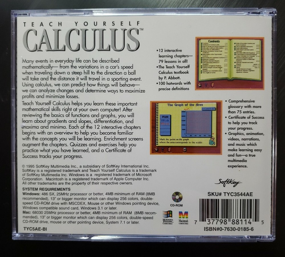 Teach Yourself Calculus PC SOFTWARE Softkey 1995 WINDOWS & MAC NEAR MINT
