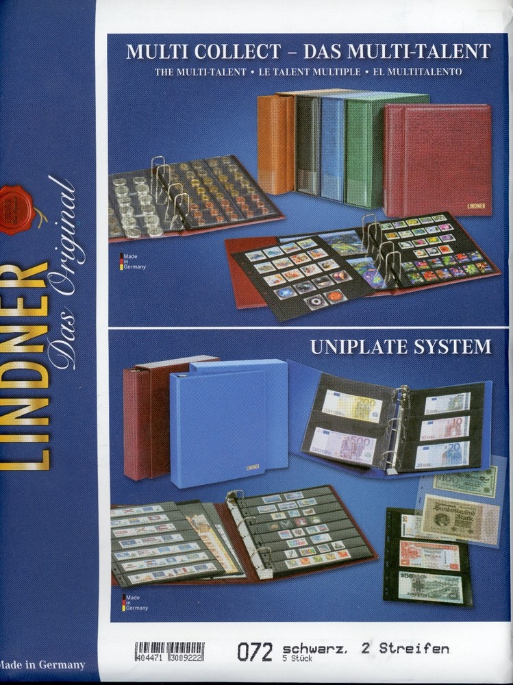 LINDNER UNIPLATE SYSTEM PAGES 072 BLACK 2 ROWS SEALED PACK OF 5 PAGES