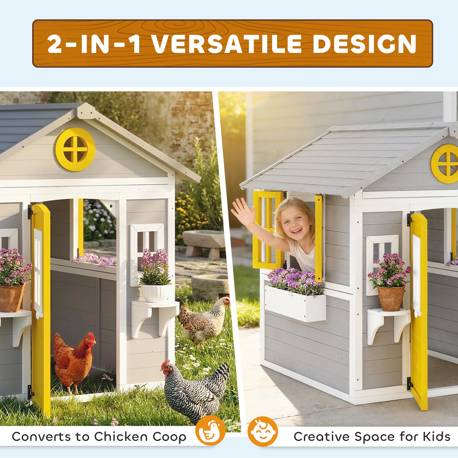 Outsunny Playhouse for Kids with Doors, Windows, Planter Pots and Boxes