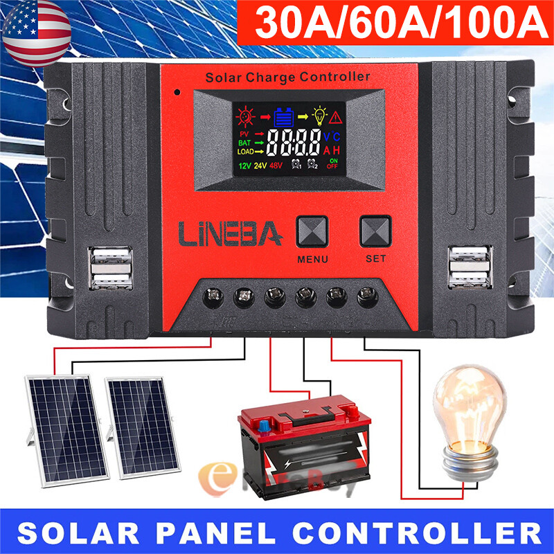 100A Solar Panel Battery Charge Controller 12V/24V/48V LCD Regulator Auto 4USB