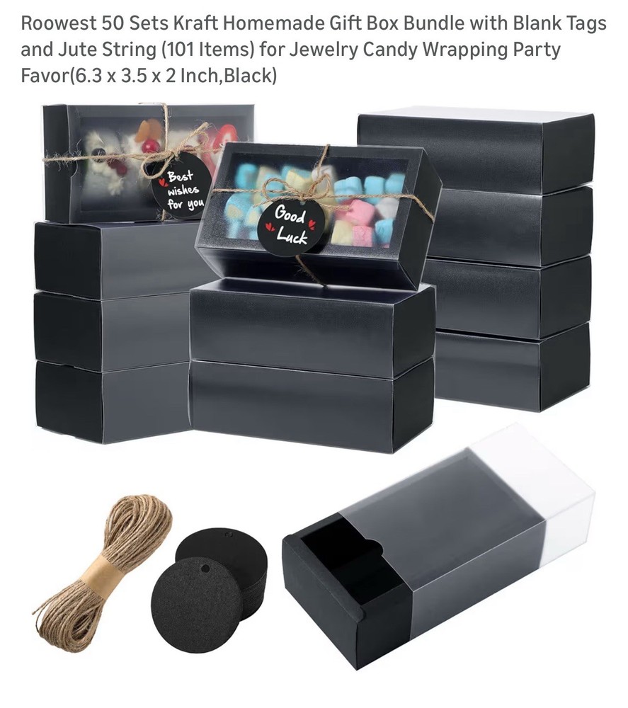 Roowest Kraft Gift Boxes w Tags Jute String 50 Sets Black