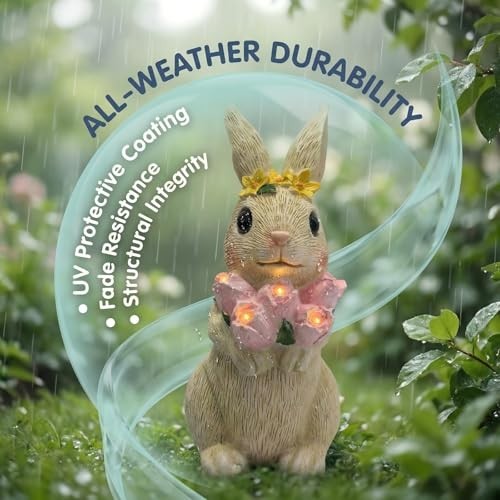Solar Garden Rabbit Statue with Flowers & 5 LED Lights - Outdoor Yard Decor, Uni