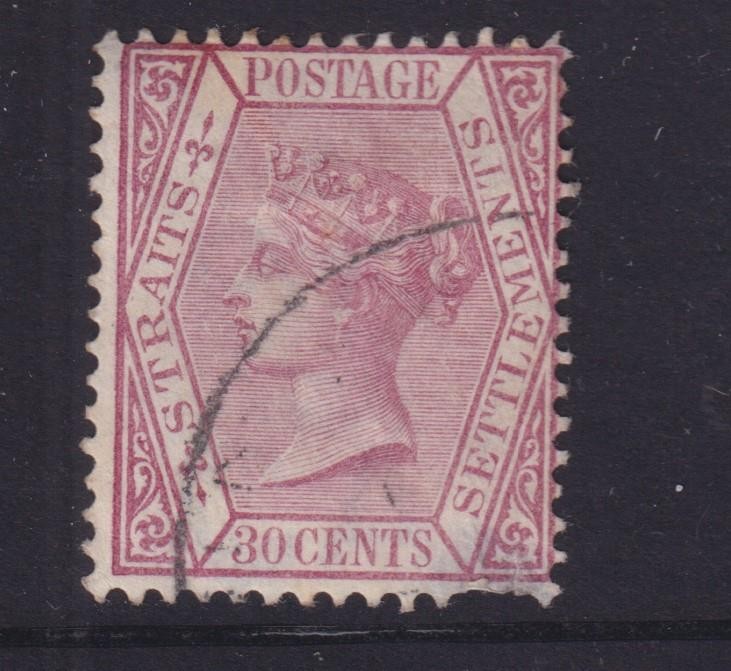 STRAITS SETTLEMENTS, 1891 CA, 30c. Claret, used.
