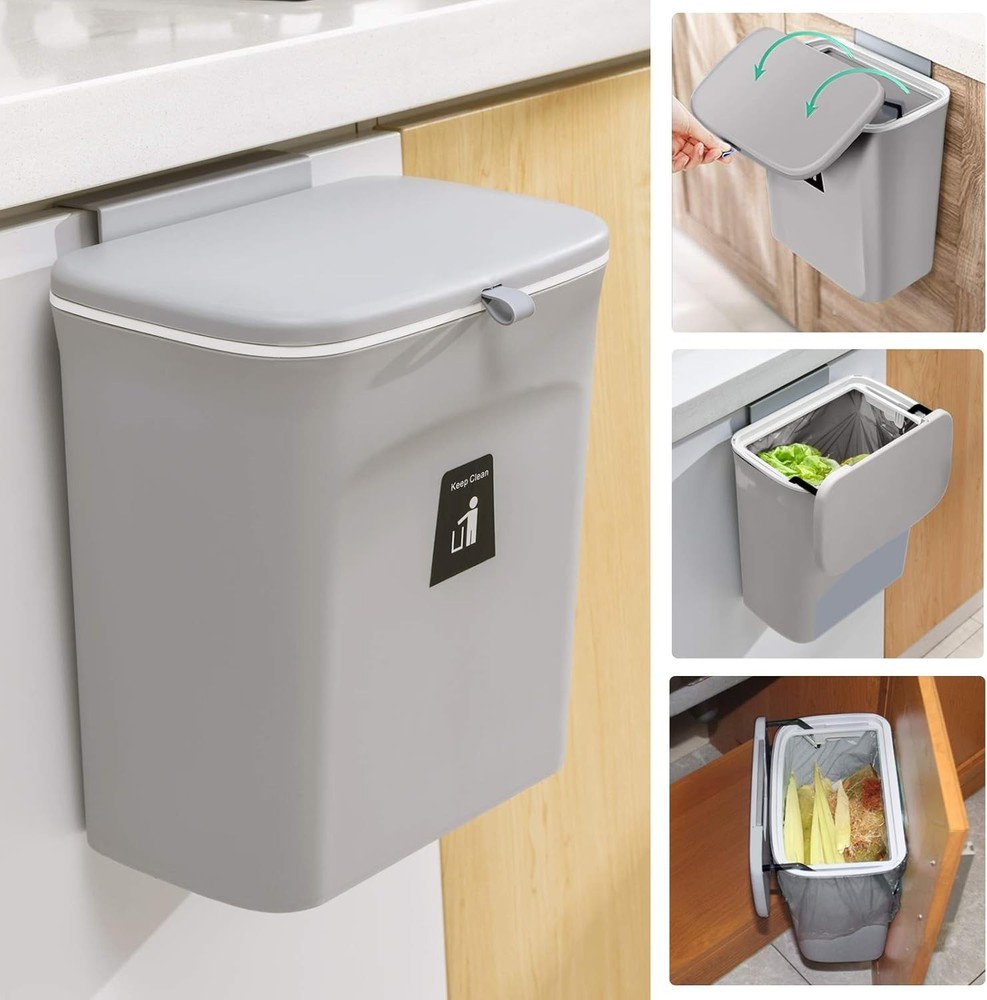 Odorless 2.4-Gallon Kitchen Compost Bin with Lid - Mountable & Stylish Gray